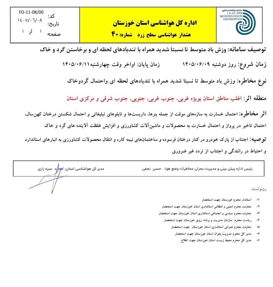 هشدار زرد هواشناسی خوزستان